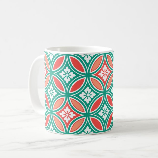 Mug Shippo avec Motif Fleur, Turquoise et Coral (Devant gauche)