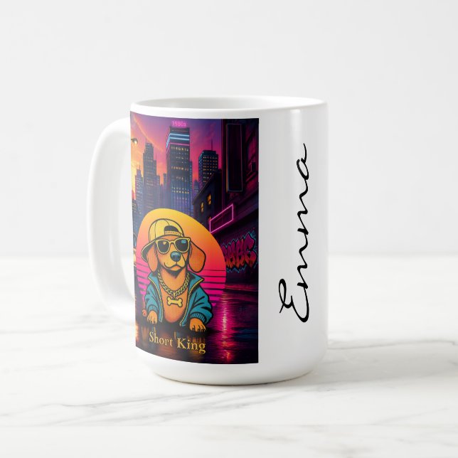Mug Short King Dachshund Retro 80s Mug, Custom Name (Devant gauche)