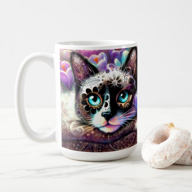 Mug Siamese Kitty Chat Crocus Floral Violet Turquoise  (Avec donut)