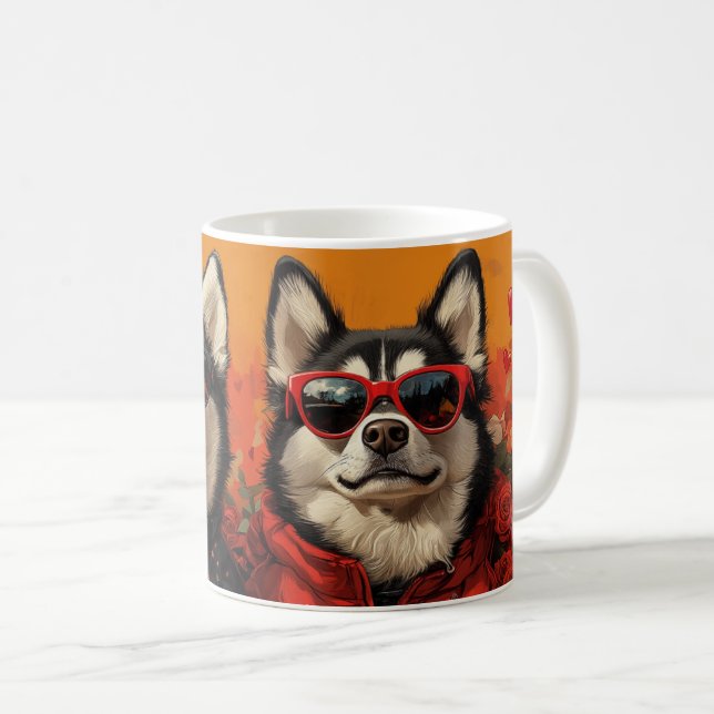Mug Sibérie Husky avec Roses de coeur Saint Valentin (Devant droit)