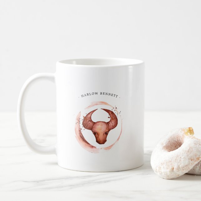 Mug Signe astrologique Taureau aquarelle | Monogramme (Avec donut)