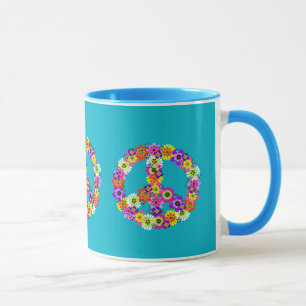 Mug Signe de Paix Floral sur Turquoise