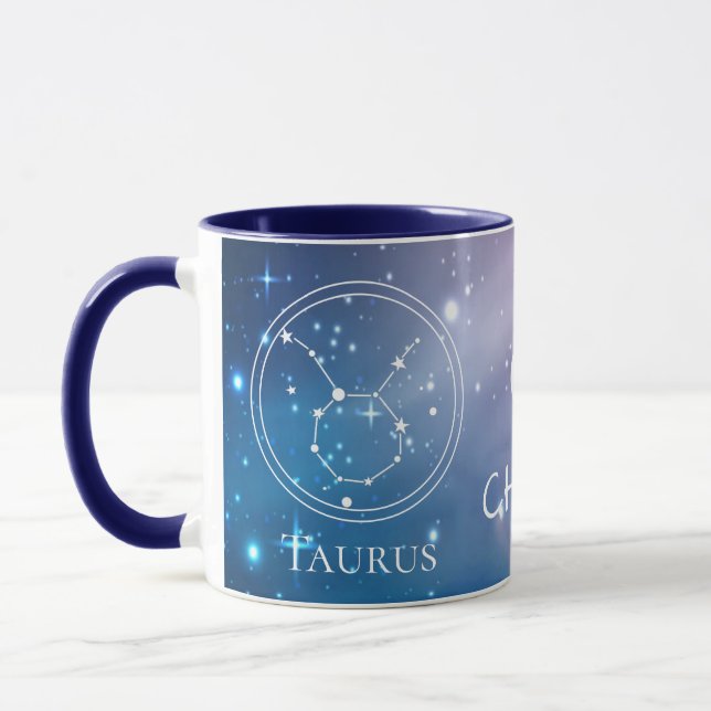 Mug Signe du zodiaque TAURUS Monogramme de nom Bleu Vi (Gauche)