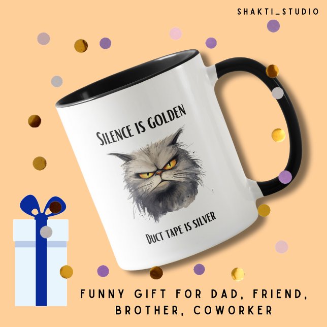 Mug Silence est ruban d'or est argent fâché chat (Créateur téléchargé)