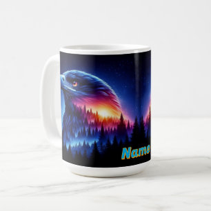 Mug Silhouette d'aigle avec coucher de soleil de forêt