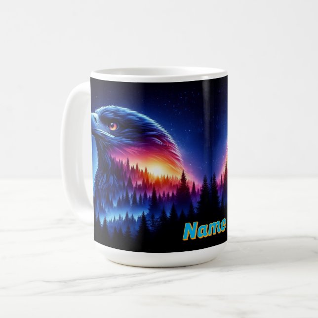 Mug Silhouette d'aigle avec coucher de soleil forestie (Devant gauche)