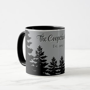 Mug Silhouette d'arbre pin gris minimaliste noir