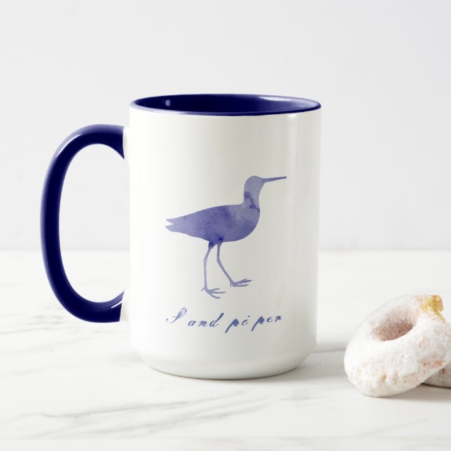 Mug Silhouette de Bécasseau à l'aquarelle Bleu Marine (Avec donut)