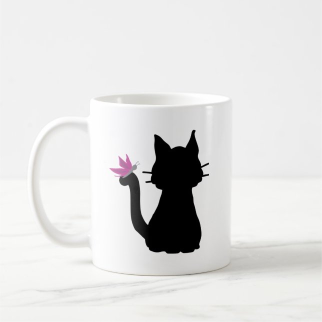 Mug Silhouette de chat noir Papillon rose (Gauche)