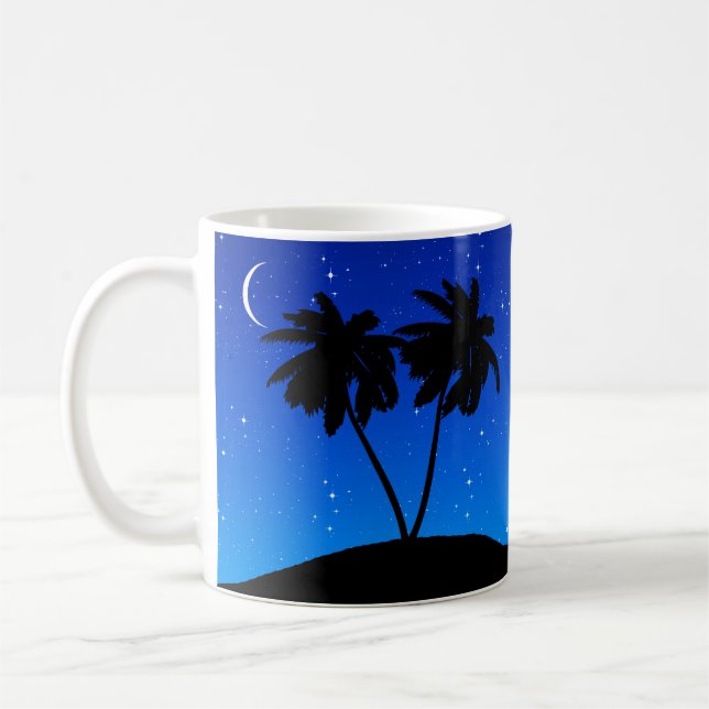 Mug Silhouette de palmier, Bleu du soir avec étoiles (Gauche)