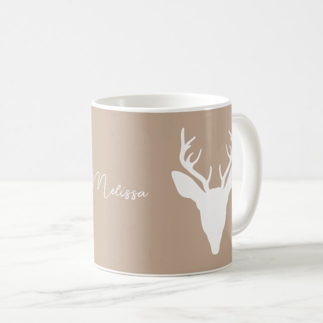 Mug Silhouette de tête de cerf blanc sur fond beige et (Devant droit)