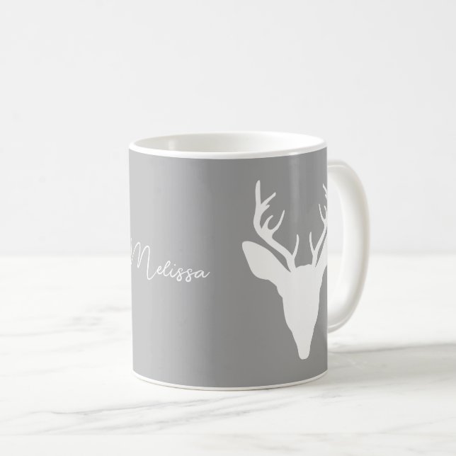 Mug Silhouette de tête de cerf blanc sur fond gris et  (Devant droit)