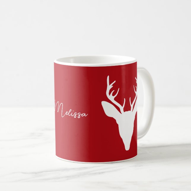 Mug Silhouette De Tête De Cerf Blanc Sur Rouge Avec No (Devant droit)