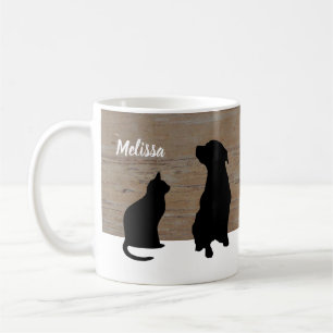 Mug Silhouettes de chien de chat noir sur le bois