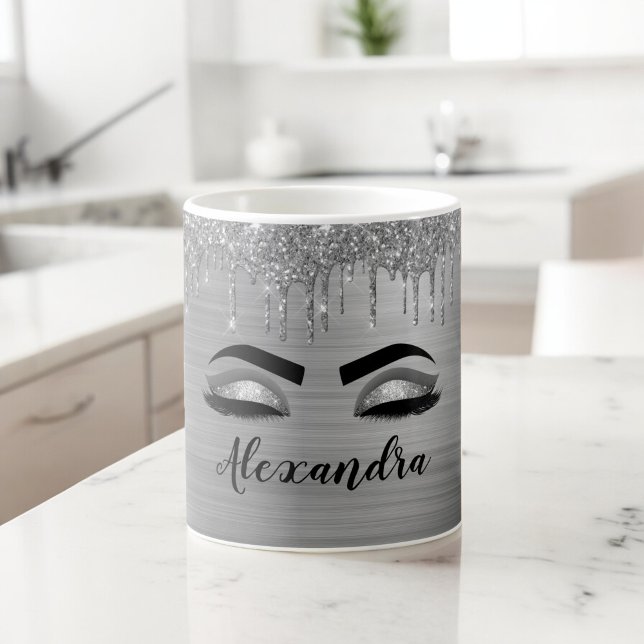 Mug Silver Glitter Sparkle Eyelashes Monogram (Créateur téléchargé)