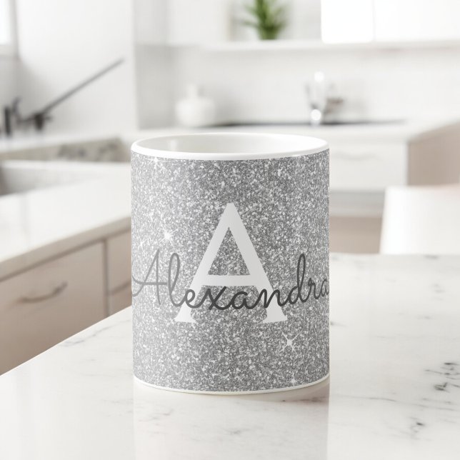 Mug Silver Sparkle Glitter Monogram Name & Initial (Créateur téléchargé)