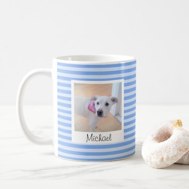 Mug Simple Bébé Bleu rayé Ajouter nom et photo (Avec donut)