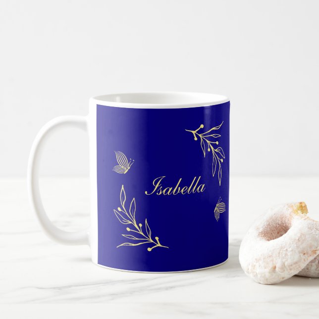 Mug Simple élégant fleurs dorées bleu royal  (Avec donut)