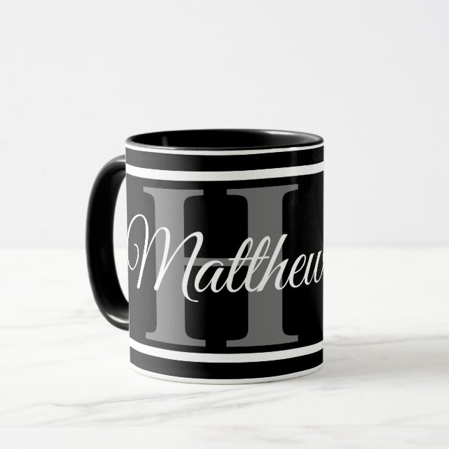 Mug Simple Elegant Noir Blanc Monogramme Bold Classé (Devant gauche)