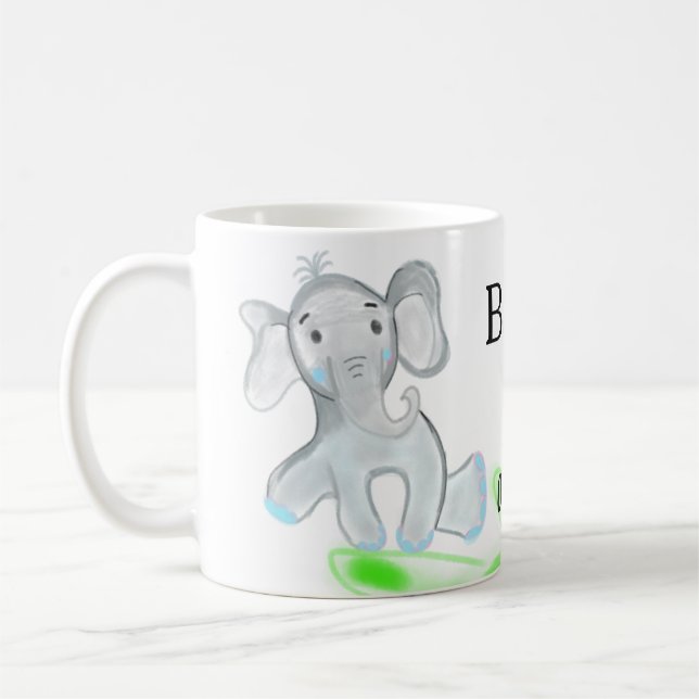 Mug Simple éléphant bébé gris bleu ajouter le nom (Gauche)