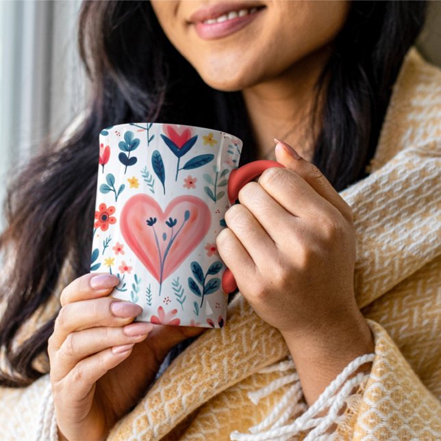 MUG SIMPLE ÉLIGANT ROUGE FLORAL ET COEUR VALENTINE (Créateur téléchargé)