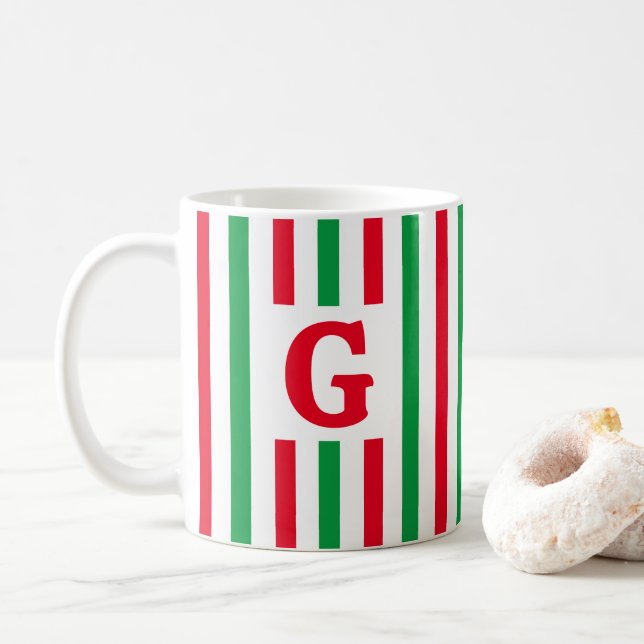 Mug Simple Rayé Rouge et Vert Noël Initial (Avec donut)