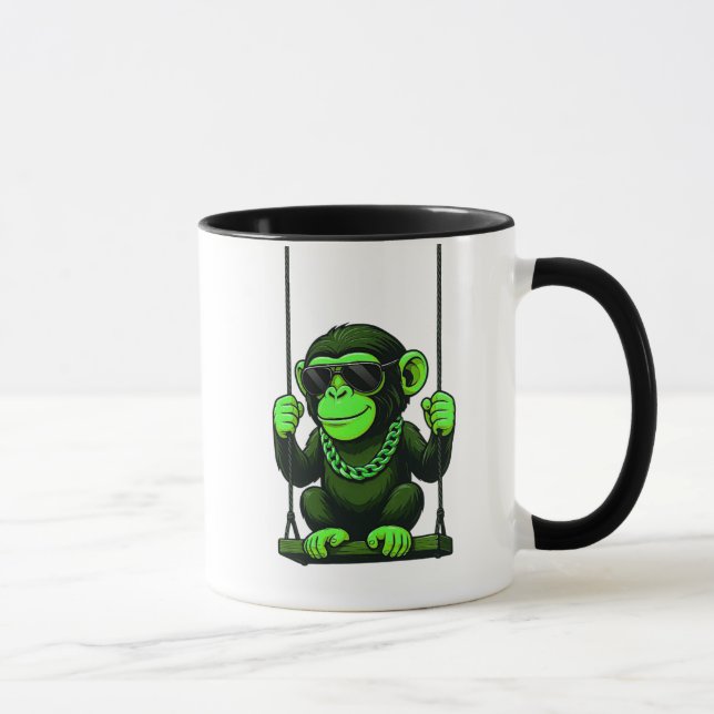 Mug Singe cartoon vert sur une balançoire. (Droite)