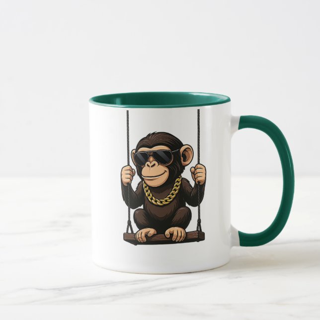 Mug Singe cool avec chaîne dorée sur balançoire. (Droite)