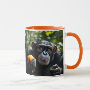 Mug Singe malicieux avec lunettes et fruit.