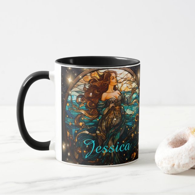 Mug Sirène en verre turquoise et noir Imaginaire (Avec donut)