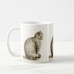 Mug Sitting cat vintage sepia pencil drawing