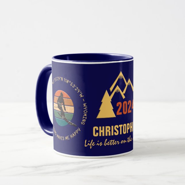 Mug Ski Jackson Hole, Wyoming - Homme Skier, Texte Jau (Devant gauche)