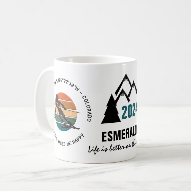 Mug Ski Vail, Colorado - Femme Skier, Texte noir (Devant gauche)