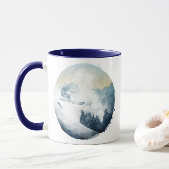 Mug Skieur de montagne en poudreuse descente (Avec donut)