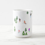 Mug Skieurs alpins Ski Illustration Skier<br><div class="desc">skieur d'hiver cool design motif avec skieurs skieurs sur les pistes de la station de ski alpin parmi des sapins enneigés dans les alpes. Les skieurs freeride portent des combinaisons de ski rétro vintages et colorées, descendent en ski avec des skis sur un arrière - plan de paysage de montagne...</div>