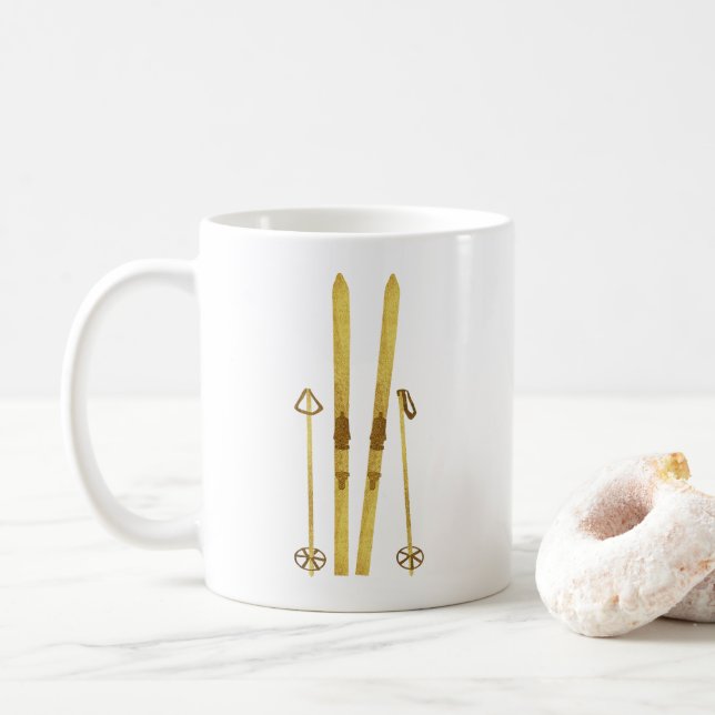 Mug Skis Et Poles D'Or | Retro Ski Illustration (Avec donut)