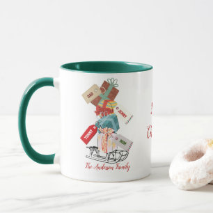 Mug Sleigh Green Rouge Blanc Famille moderne Christma.