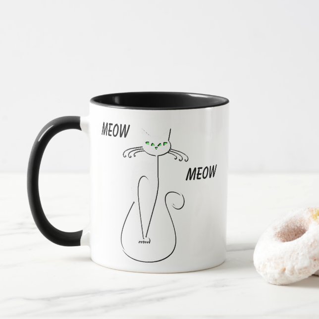 Mug Slinky Black Cat Meow Meow Texte Personnalisé Yeux (Avec donut)