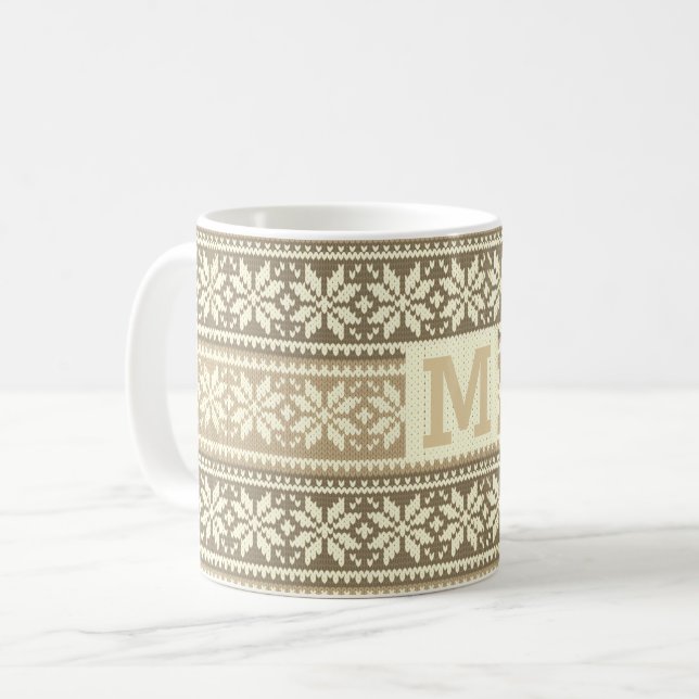 Mug Snowflake Brown Nordic Faux Knit Sweater Monogramm (Devant gauche)
