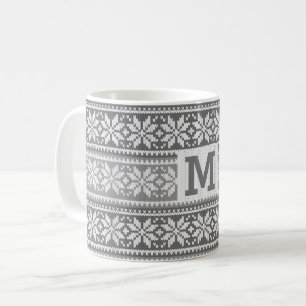 Mug Snowflake Gris Nordic Faux Knit Sweater Monogramme