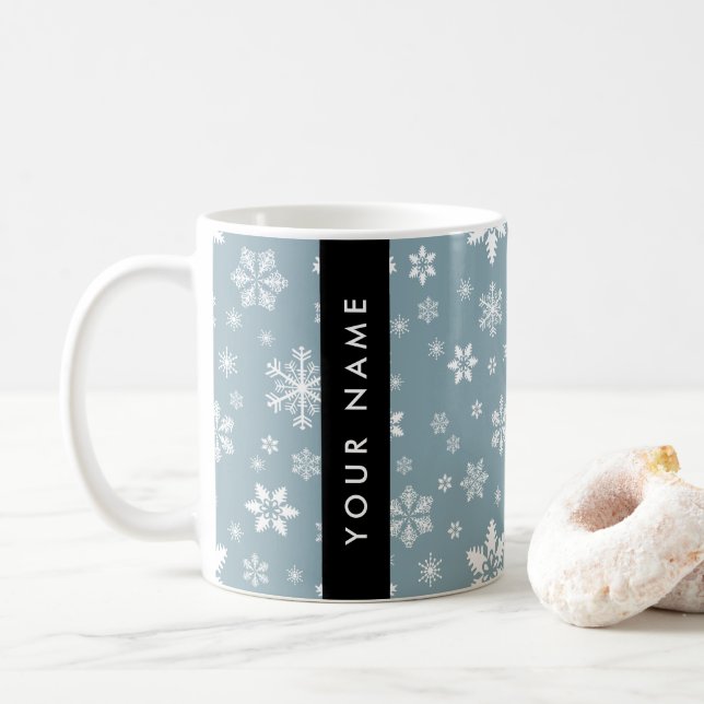 Mug Snowflakes blanc, Grey, Votre nom, Personnaliser (Avec donut)