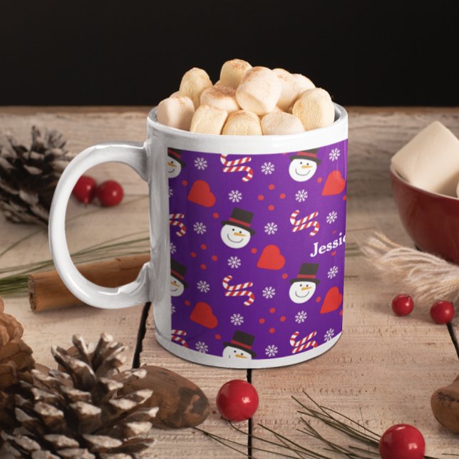 Mug Snowflakes Snowman Sucres de canne Ajouter Un Nom  (Snowflakes Snowman Candy Canes Add Name With Blue Coffee Mug)