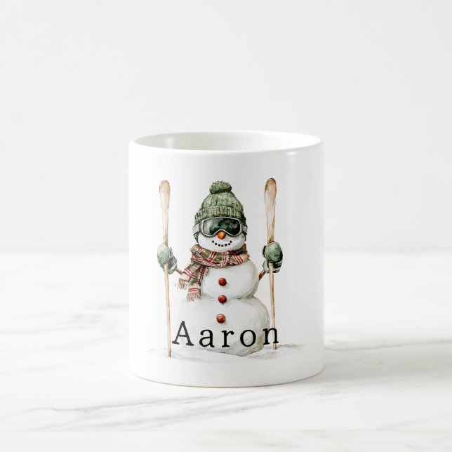 Mug Snowman Green Hat Snow Skis  (Centre)