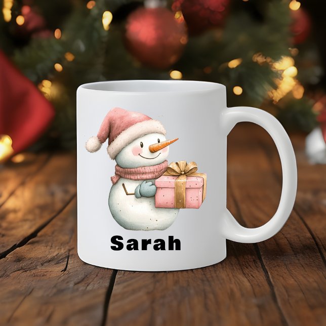 Mug Snowman personnalisé Holding Cadeau Nom personnali (Christmas Snowman Holding Gift Custom Name Coffee Mug
)