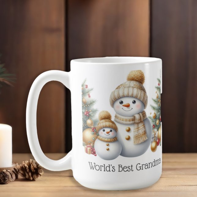 Mug Snowman World's Best Grandma Gold Green Christmas (Snowman "World's Best Grandma" mug)