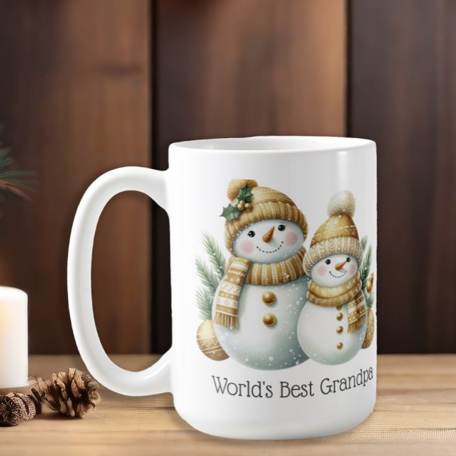 Mug Snowman World's Best Grandpa Gold Green Christmas ("World's Best Grandpa" snowman Christmas mug)