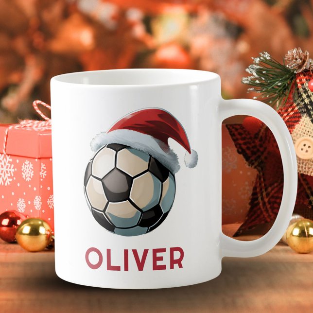 Mug Soccer Football Ball Red Santa Hat Name Christmas  (Créateur téléchargé)