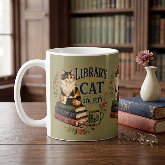 Mug Société de la Chatte de Bibliothèque Calicot Vert  (Library Cat Society Bookish Calico Green Coffee Mug)