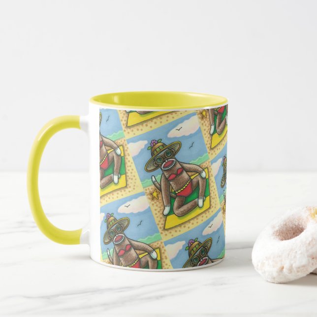 Mug SOCK MONKEY RED BIKINI, AU CARTOON DE PLAGE Drôle (Avec donut)