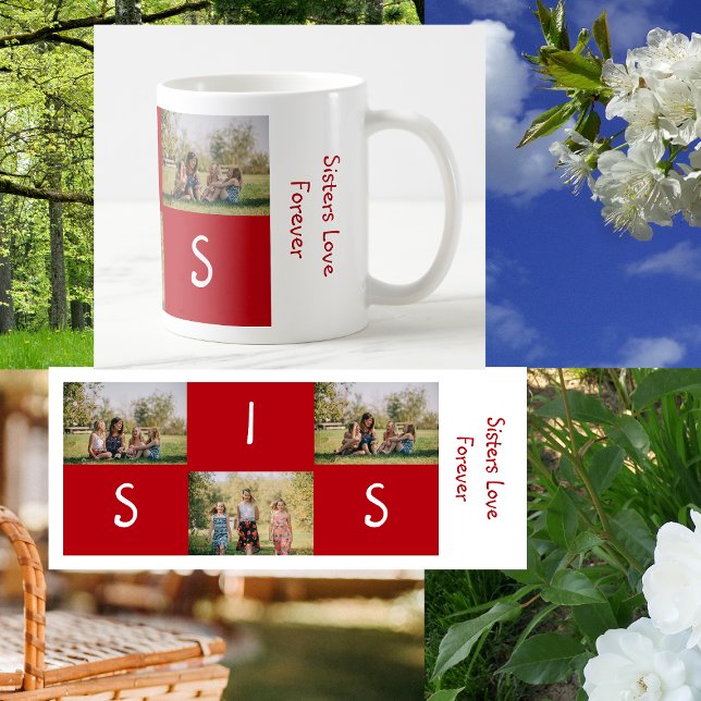 Mug Soeurs mignonnes Aimer pour toujours SIS 3 Photos  (Sisters Love Forever. Personalized mug w/ 2 photos and the letters SIS. Minimalist, elegant, modern)